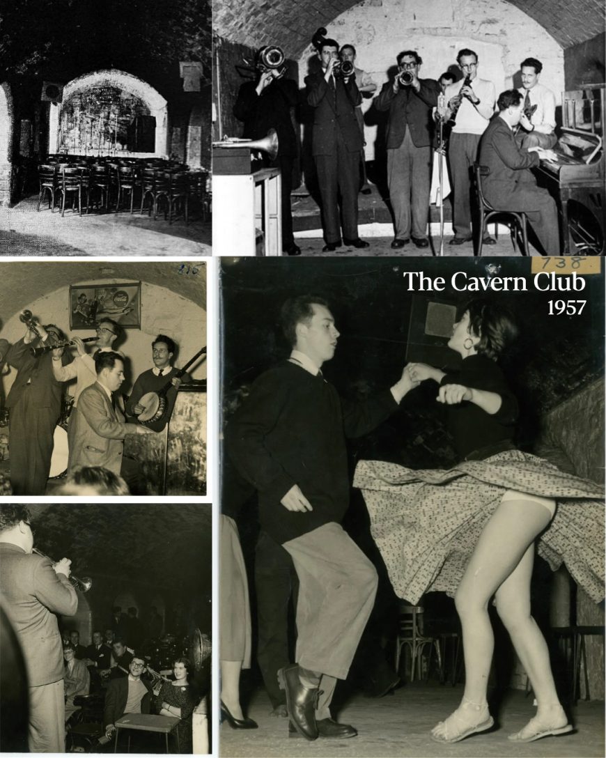 Historic photographs from the opening of The Cavern Club in 1957, showing jazz bands and dancers inside the original cellar on Mathew Street, Liverpool.