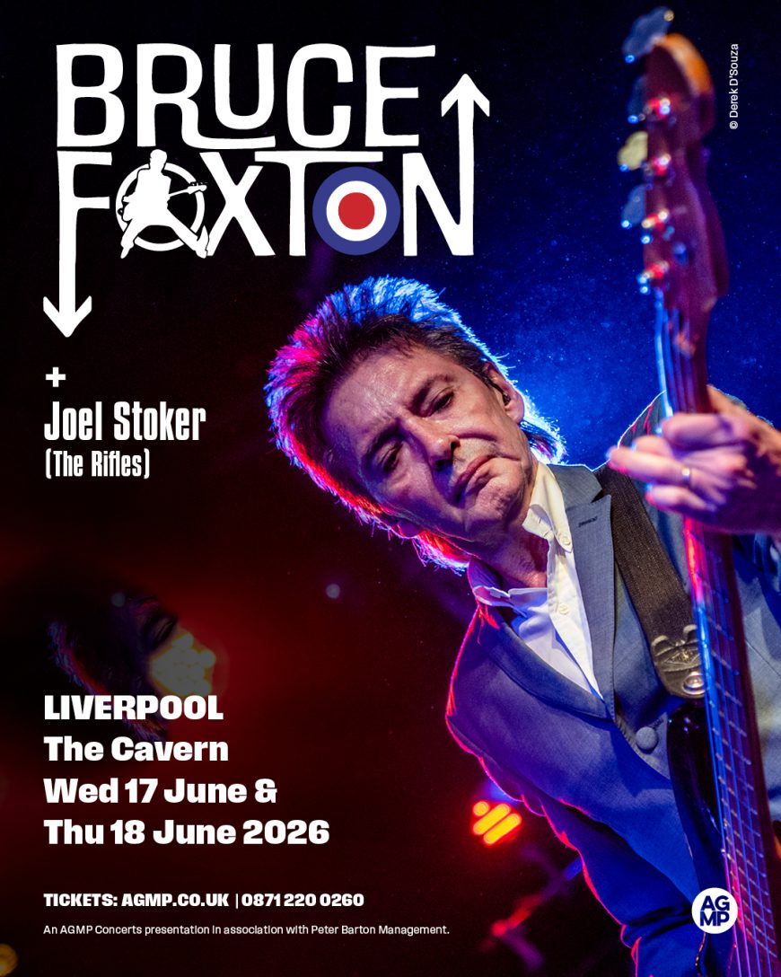 Bruce Foxton performing live on stage with bass guitar – promotional poster for Liverpool Cavern Club June 2026 shows.