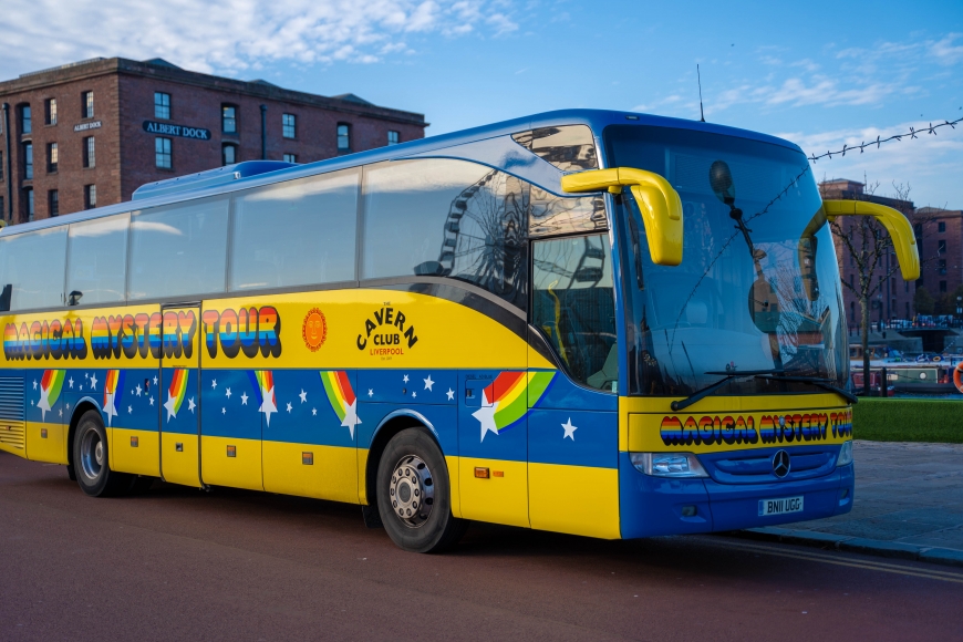 The magicall mystery tour bus parked up on the albert dock